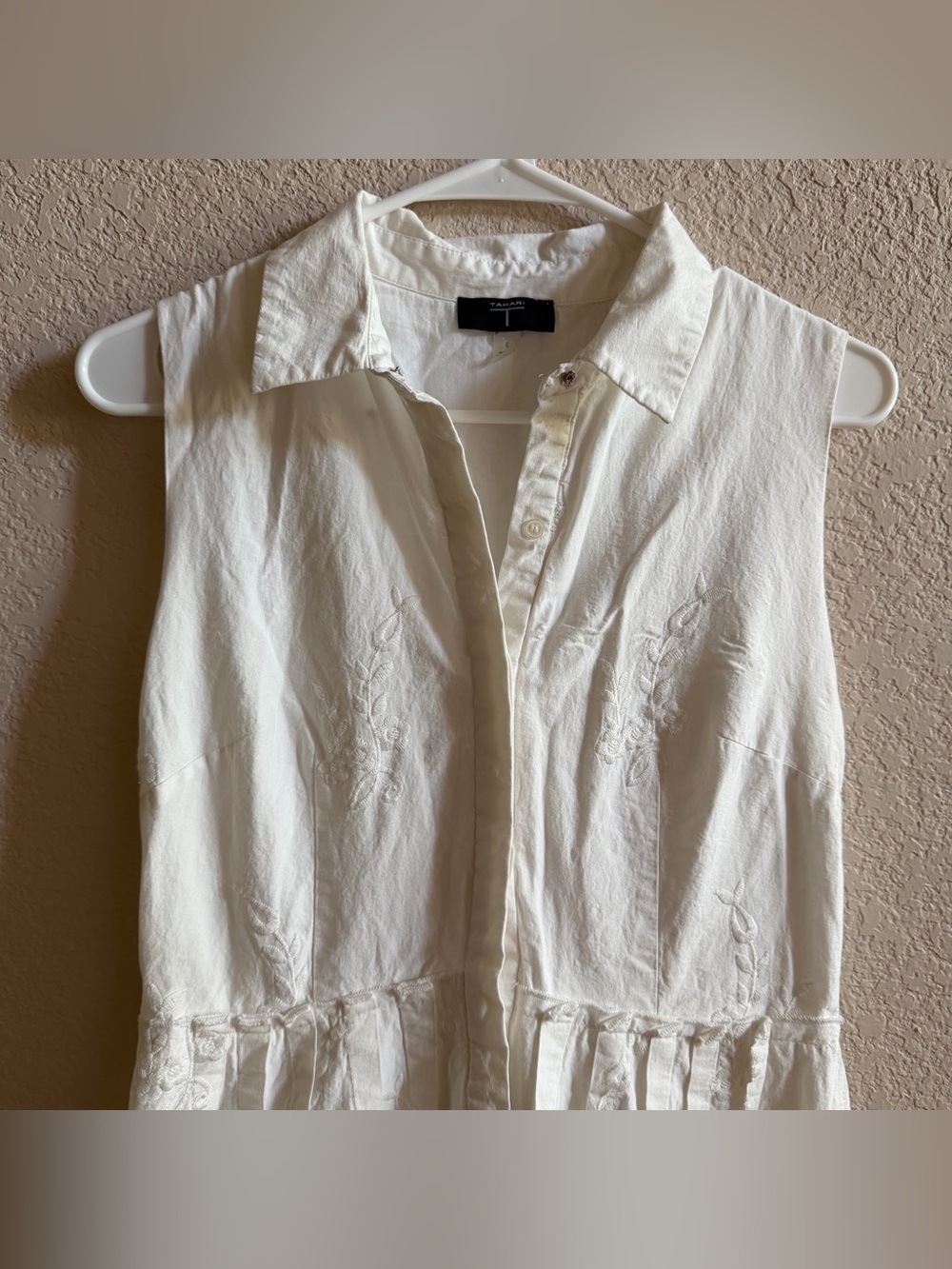 T Tahari Women Size 6 Shirt Dress White Collared Sleeveless Cotton Lace Trim - Picture 2 of 9